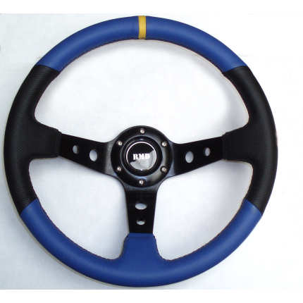 Rally 350mm Black/Blue Leather - Black Spokes - Dished